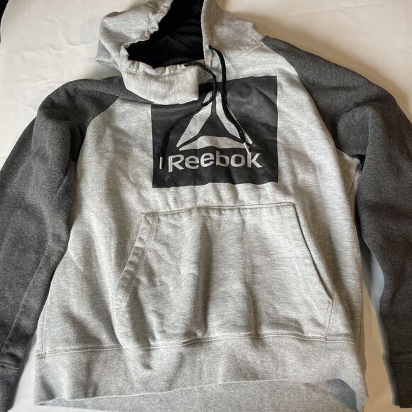 Reebok Hoodie Mens Large Grey Sweatshirt Pullover Pocket Long Sleeve - Picture 1 of 4